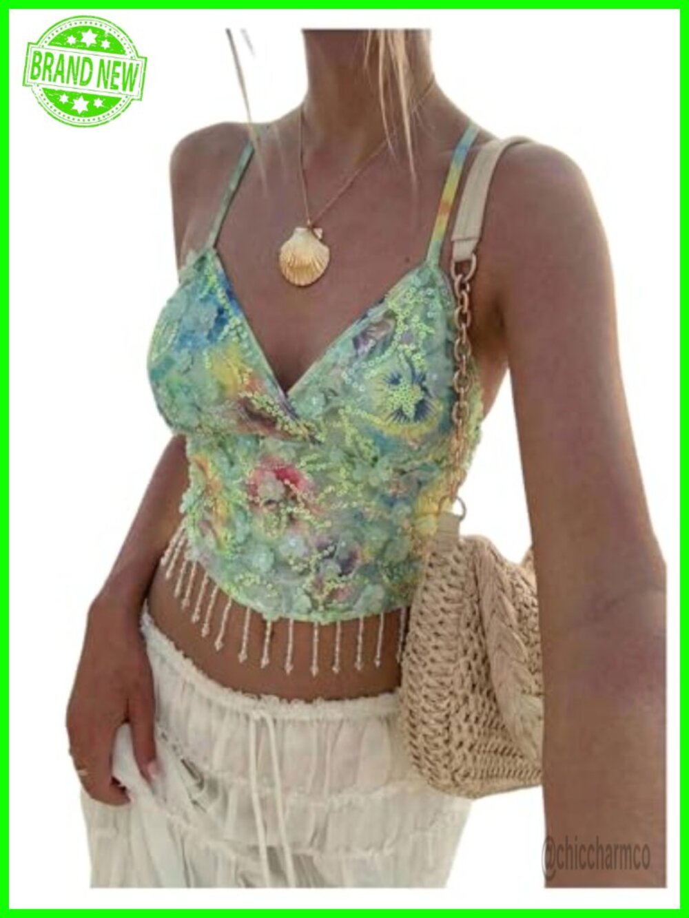 Sequin Sparkly Halter Camisole Top Fringe Open Back Cropped